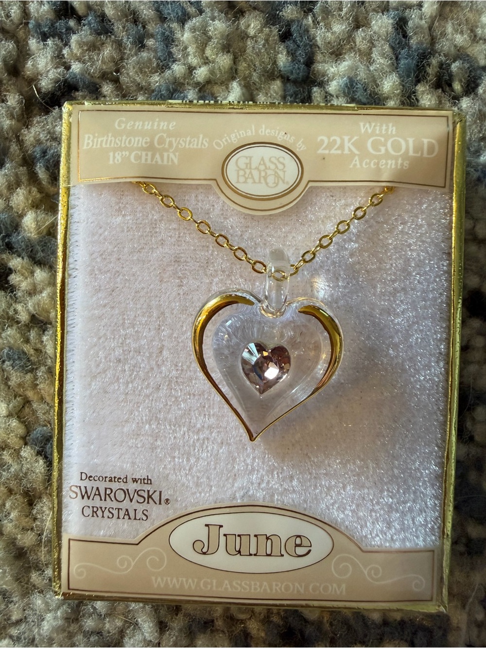 Glass Baron June Heart Pendant Necklace in Clear and Gold
